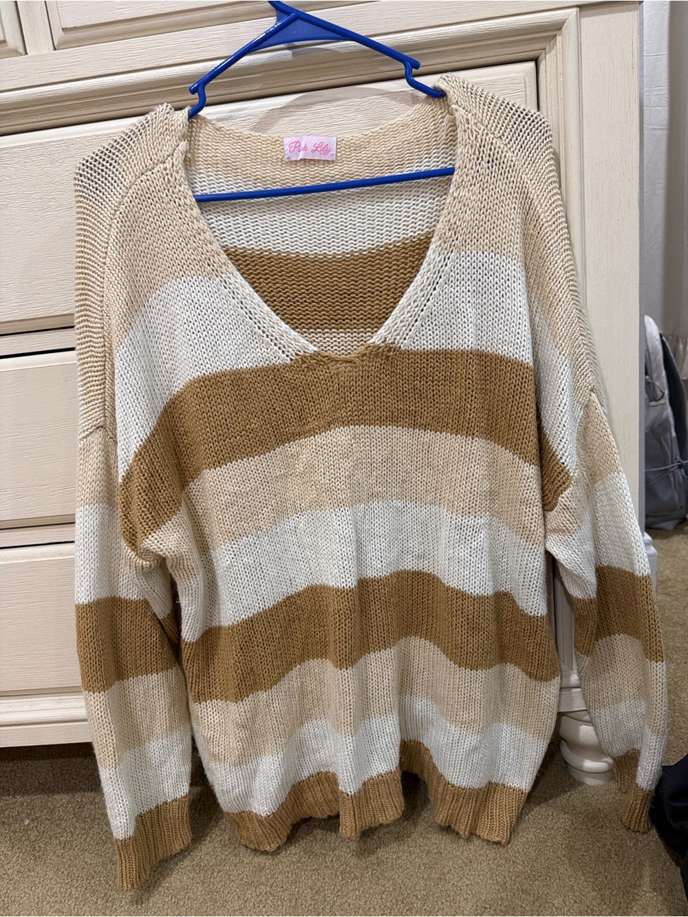 Pink Lily Cream & Tan Striped V-Neck Sweater